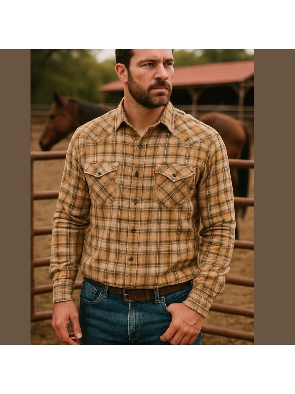 80s LEVI'S COTTON TAN BROWN & GREEN PLAID WESTERN GRANDPA CORE SNAP SHIRT M